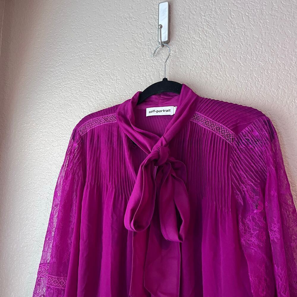 Self Portrait Chiffon Lace Blouse Long Sleeve Pussybow Purple Pink Sheer - Picture 2 of 6